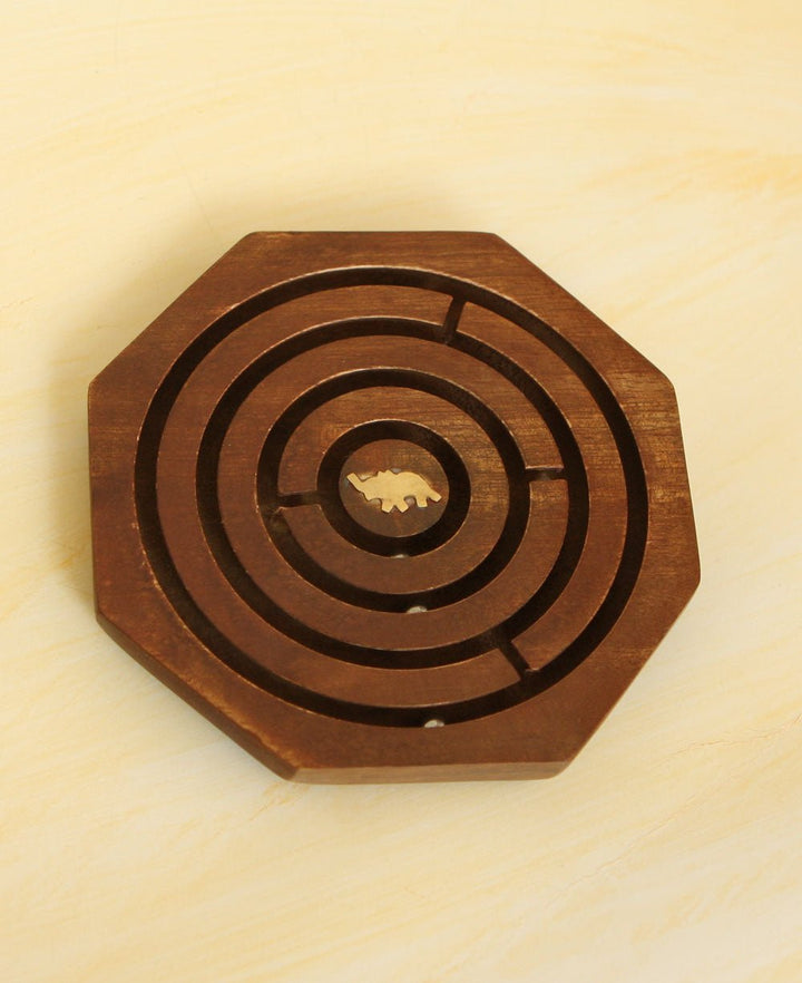 Wood Labyrinth Meditative Game with Brass Inlay Design - Desk Accessories