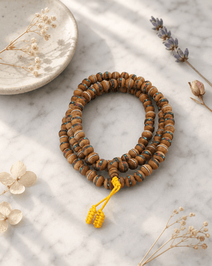 Wooden Mala with Coral and Turquoise Inlays, 108 Beads - Prayer Beads