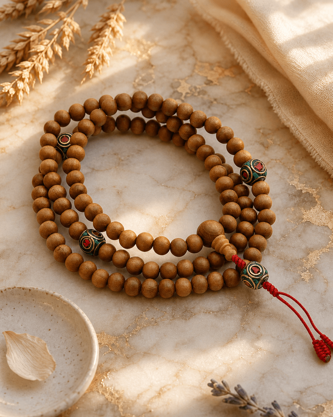 Wooden Meditation Mala with Inlay Counters, 108 Beads - 