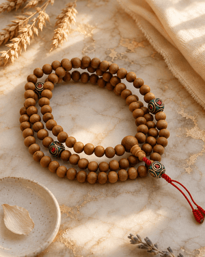 Wooden Meditation Mala with Inlay Counters, 108 Beads - 