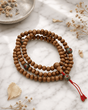 Wooden Meditation Mala with Inlay Counters, 108 Beads - 