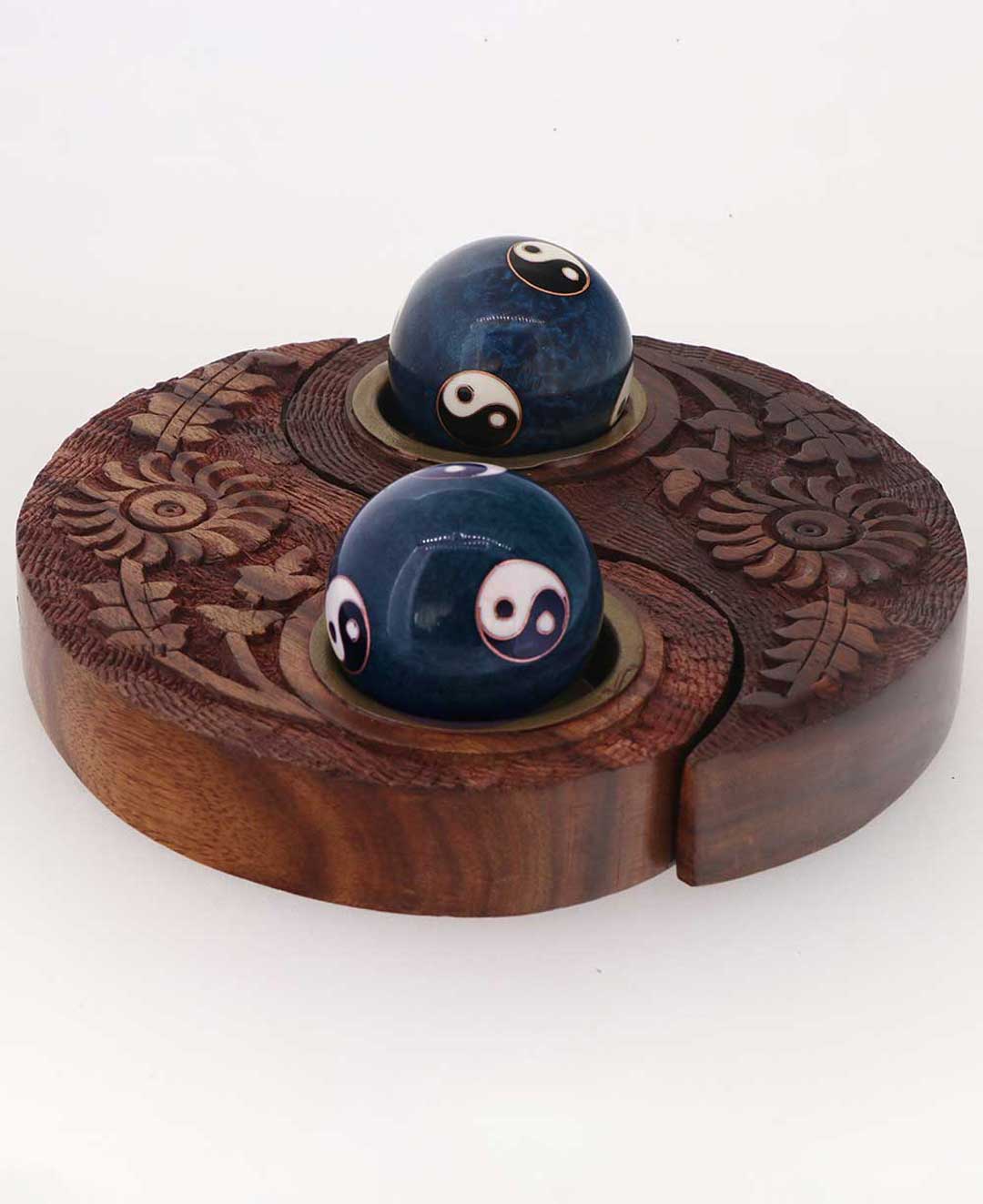Yin Yang Harmony Balls with Carved Wood Holder – Stress Relief Chime Set with Tea Light Option - Decorative Trays