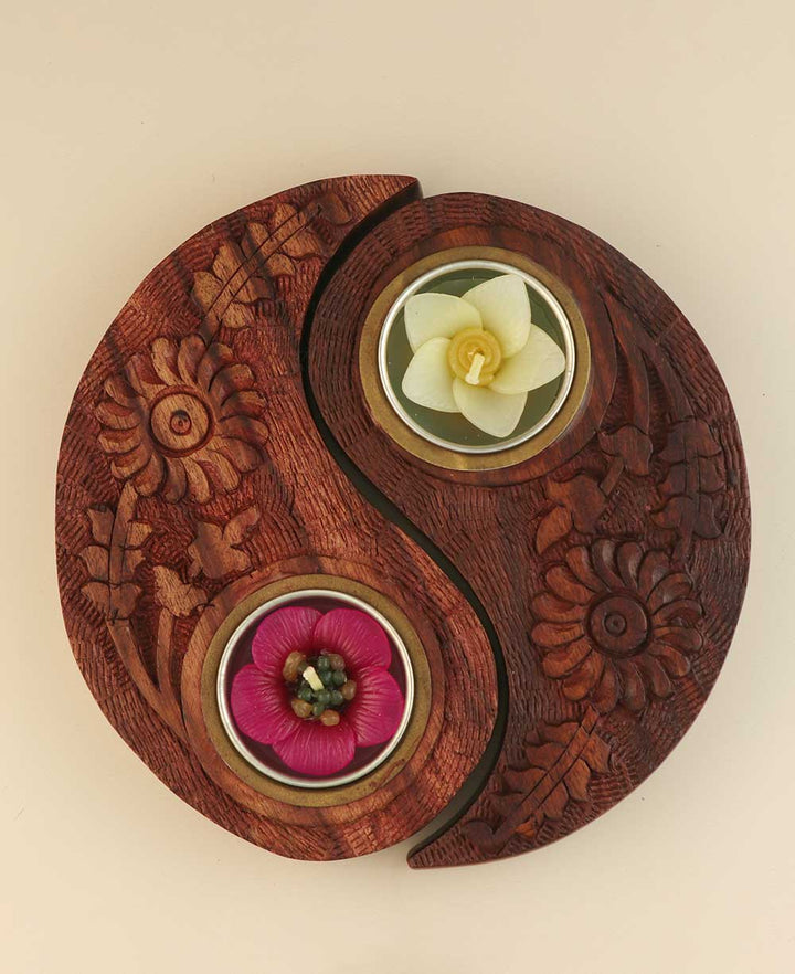 Yin Yang Wooden Tea Light Holder with Garden Flower Tealights - Candle Holders