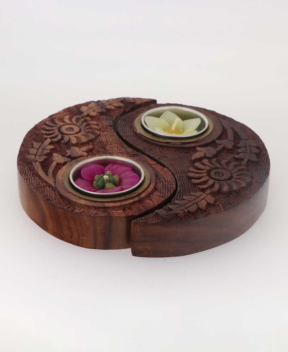 Yin Yang Wooden Tea Light Holder with Garden Flower Tealights - Candle Holders