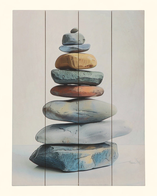 Zen Cairn Pastel Wall Art – Vertical Stacked Stone Print on Wood Panel - Posters, Prints, & Visual Artwork