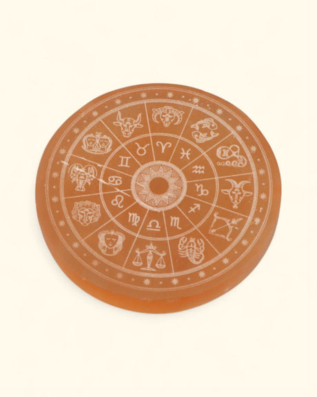 Zodiac Selenite Charging Plate – Engraved Crystal Energy Cleanser - Rocks & Fossils