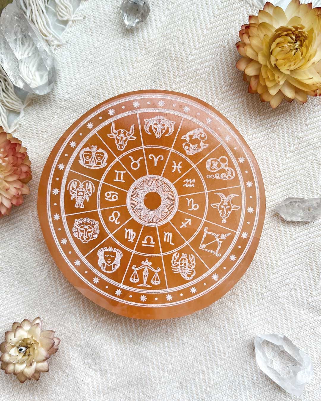 Zodiac Selenite Charging Plate – Engraved Crystal Energy Cleanser