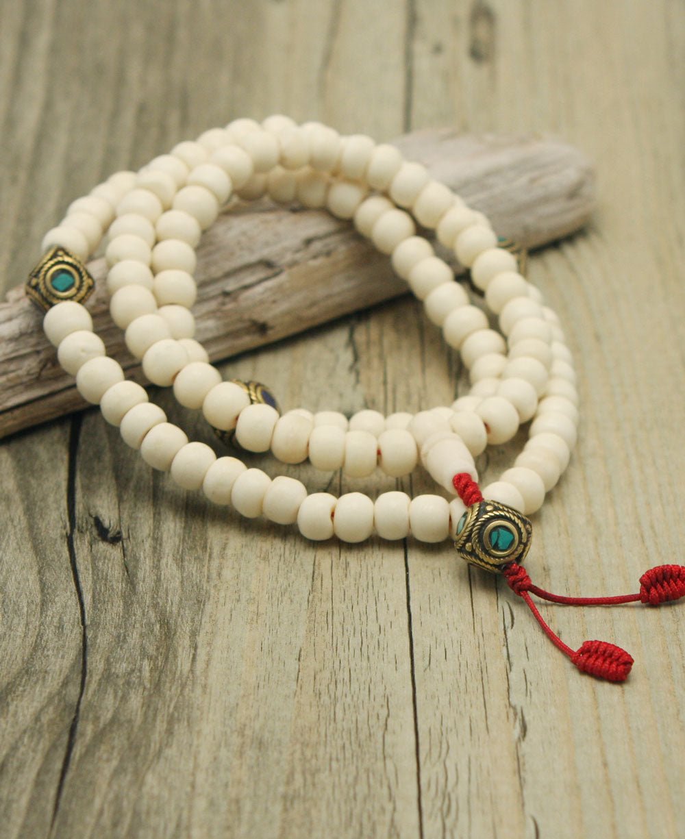 108 Bone Bead Mala with Inlaid Counter Beads - Prayer Beads