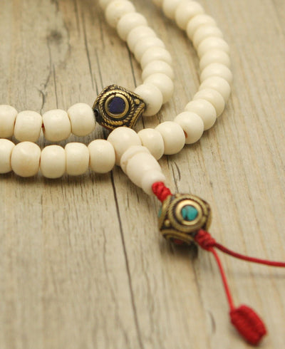 108 Bone Bead Mala with Inlaid Counter Beads - Prayer Beads