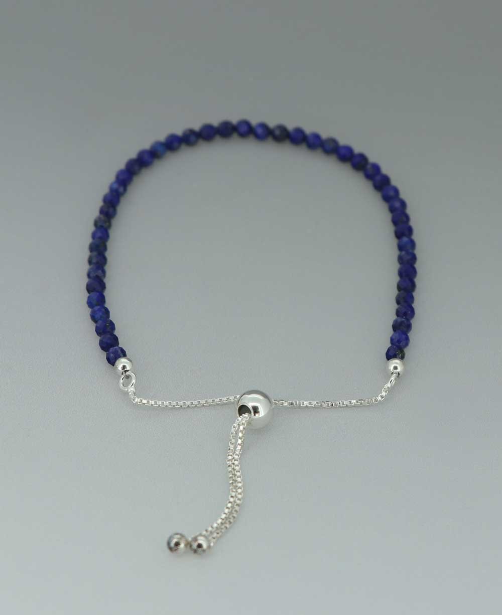 Adjustable Sterling Silver Bolo Bracelet with Dainty Gemstone Beads - Bracelets Lapis