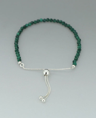 Adjustable Sterling Silver Bolo Bracelet with Dainty Gemstone Beads - Bracelets Malachite