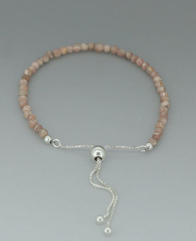 Adjustable Sterling Silver Bolo Bracelet with Dainty Gemstone Beads - Bracelets Rhodochrosite