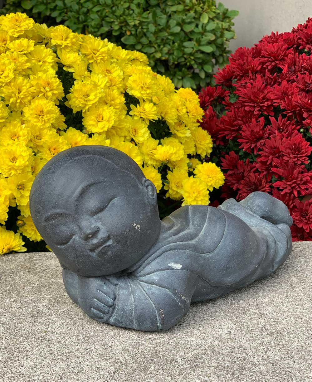 Aged Finish Sleeping Baby Monk Garden Statue, USA - Sculptures & Statues Earthy Brown