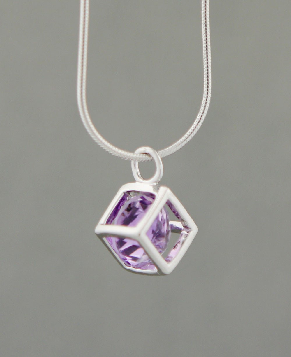 Amethyst Gemstone Sterling Silver Cube Pendant - Pendant