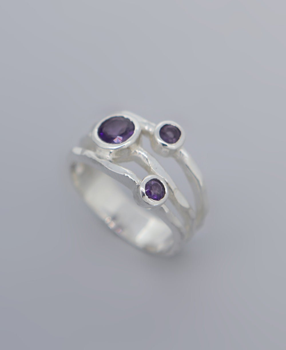 Amethyst Triple Gemstone Ring, Sterling Silver - Rings Size 6