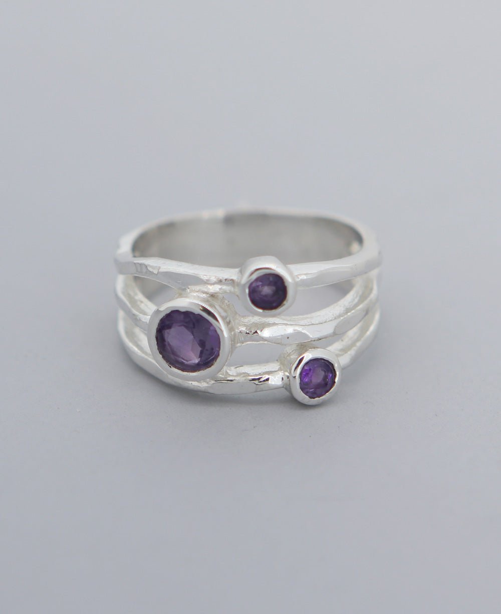 Amethyst Triple Gemstone Ring, Sterling Silver - Rings Size 6