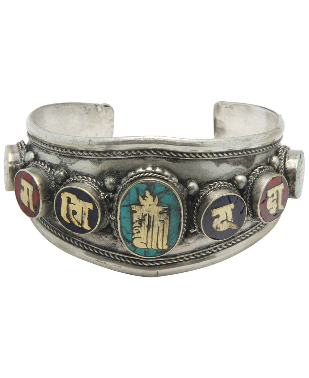 Antique Finish Inlaid Tibetan Symbol Cuff Bracelet - Bracelets