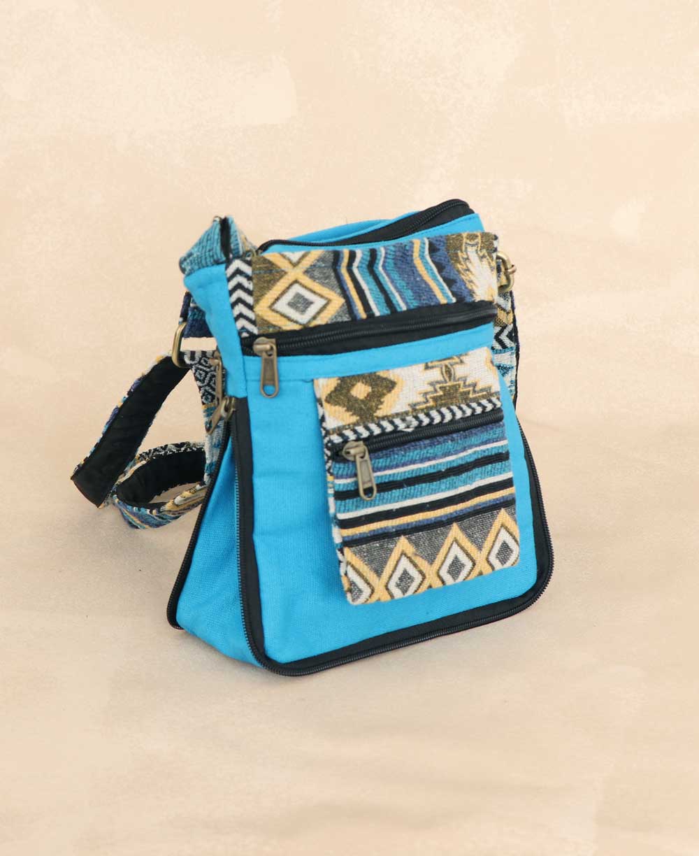 Artisan Woven Textile Contrast Small Crossbody Bag - Handbags Aqua Blue