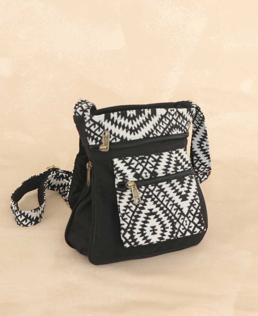 Artisan Woven Textile Contrast Small Crossbody Bag - Handbags Black