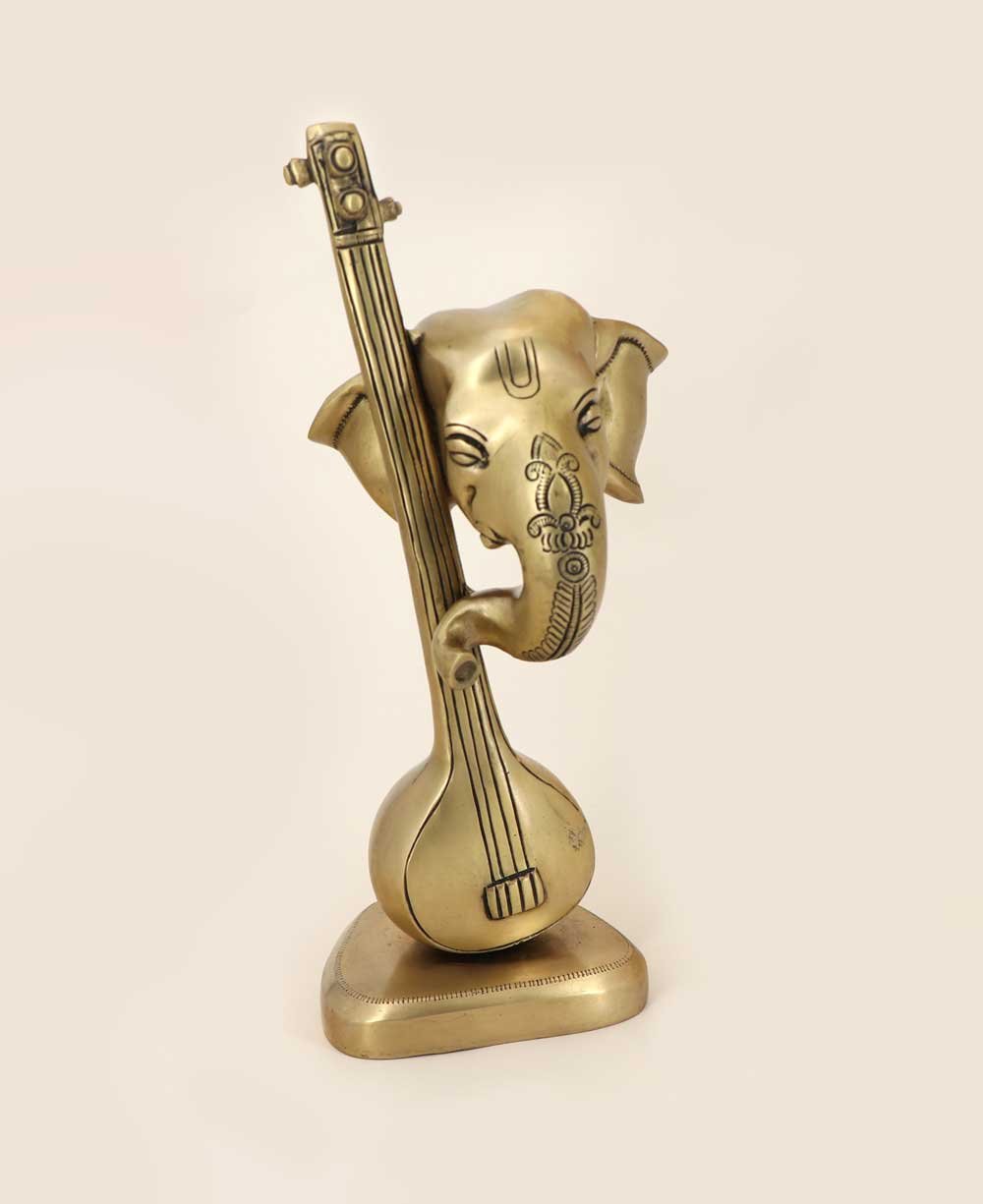 Artistic Abstract Brass Ganesh Statue Playing Sitar - Sculptures & Statues