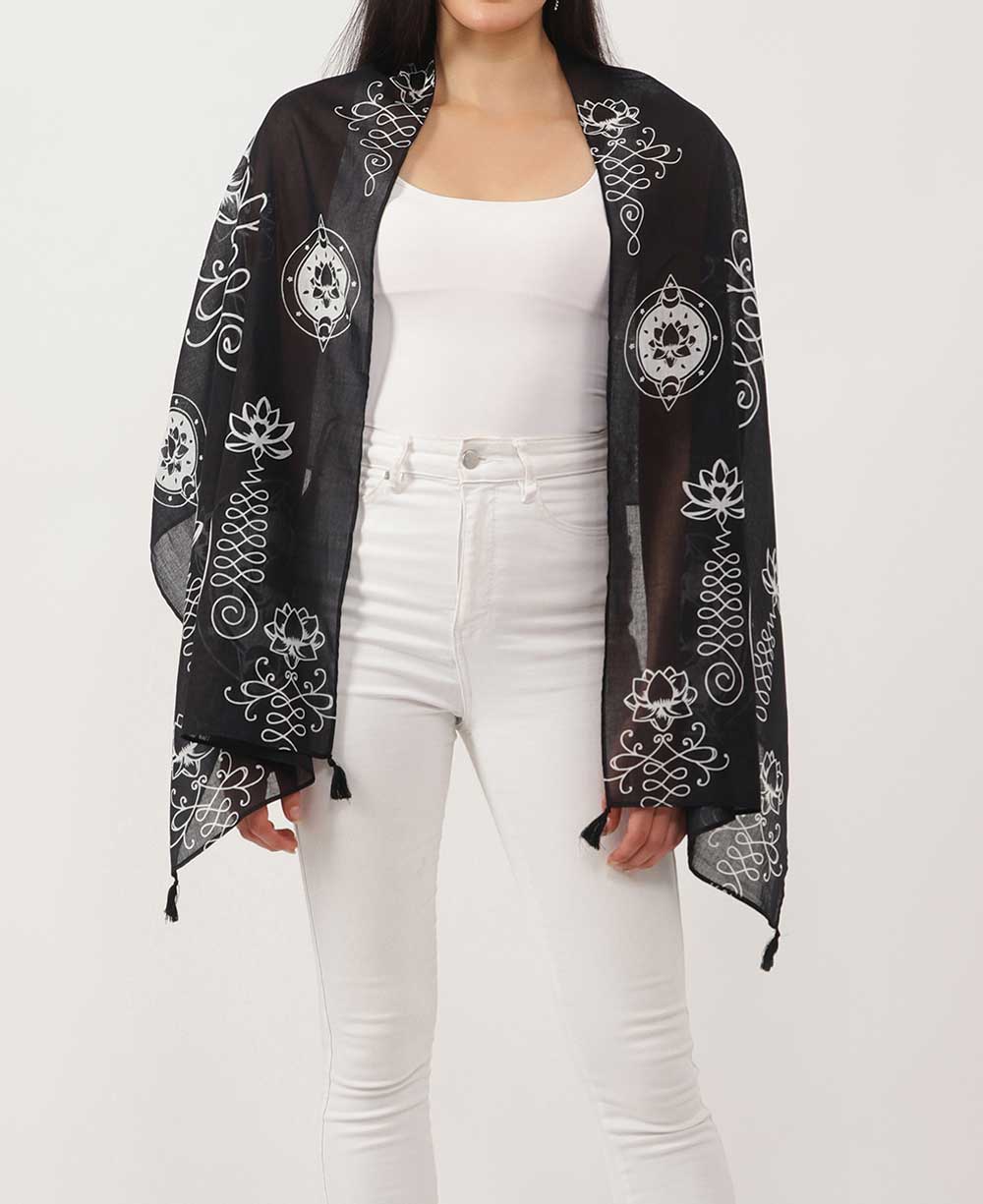 Artistic And Meaningful Unalome Lotus Scarf - Scarves Black