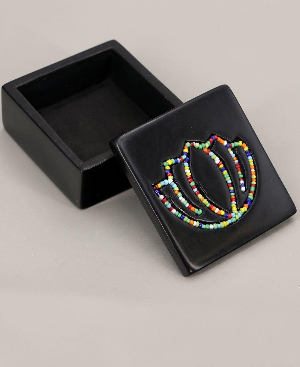 Artistic Beaded Soapstone Lotus Trinket Box, Crafted in Kenya - Black