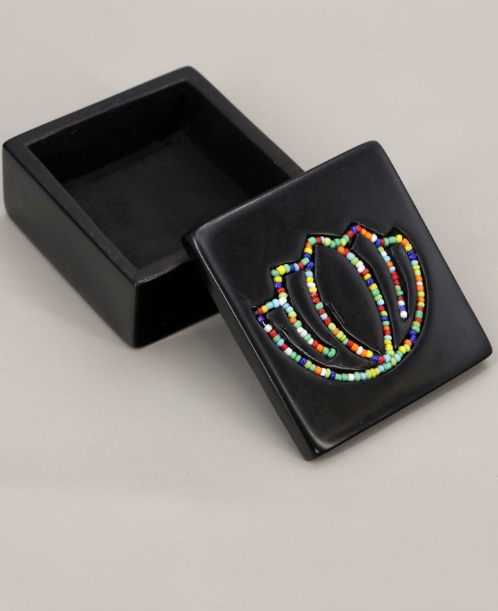 Artistic Beaded Soapstone Lotus Trinket Box, Crafted in Kenya - Black