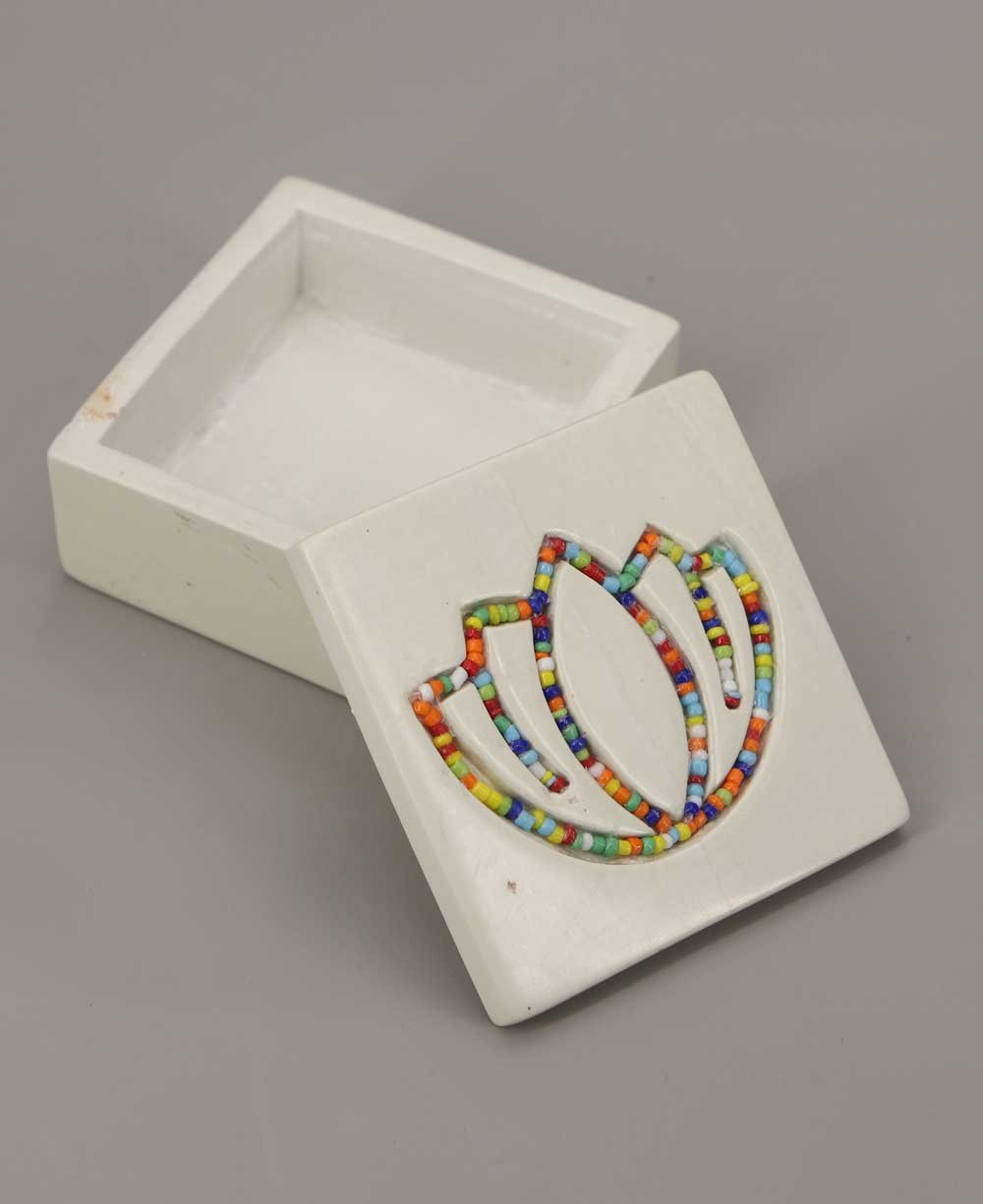 Artistic Beaded Soapstone Lotus Trinket Box, Crafted in Kenya - Cream
