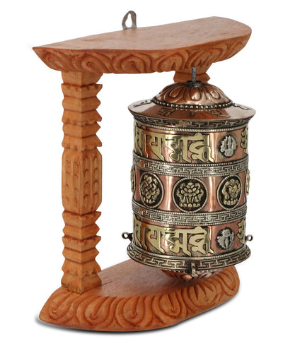 Auspicious Symbols Wood Frame Tibetan Prayer Wheel - Religious Altars