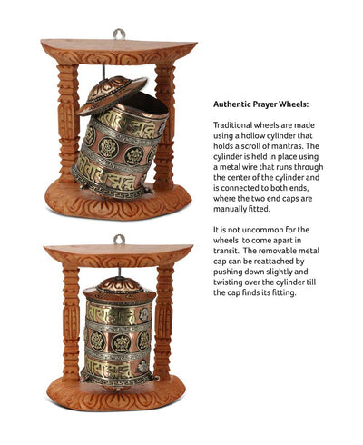 Auspicious Symbols Wood Frame Tibetan Prayer Wheel - Religious Altars