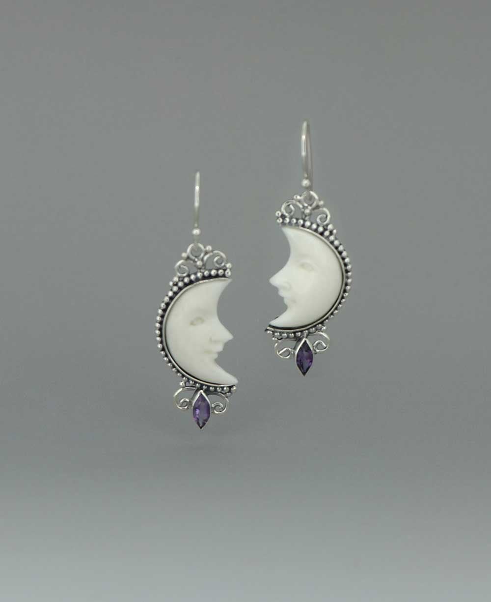Bali-Crafted Sterling Silver Earrings with Carved Moon Face and Amethyst - Earrings