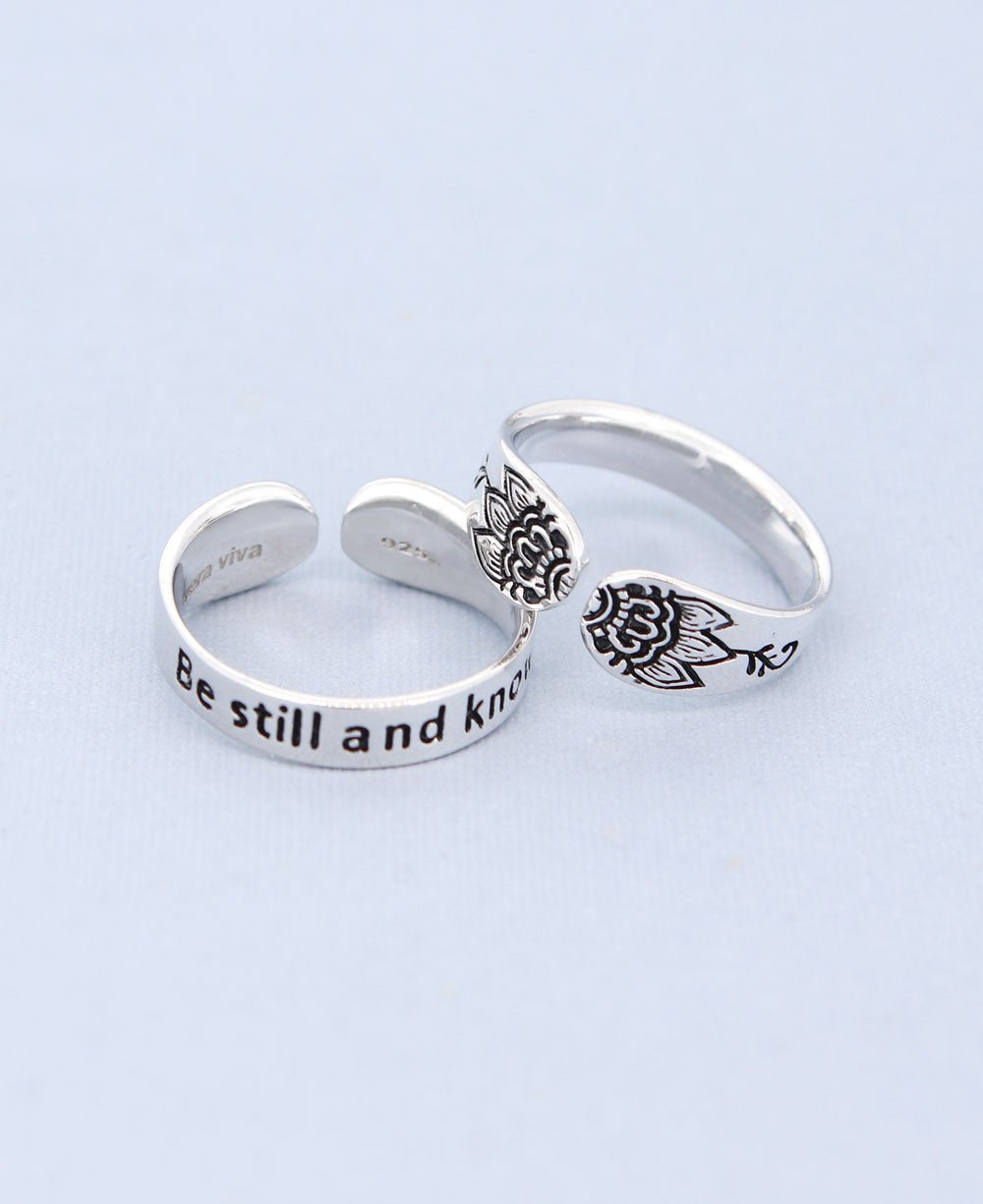 Be Still and Know Adjustable Inspirational Sterling Silver Lotus Ring - Rings