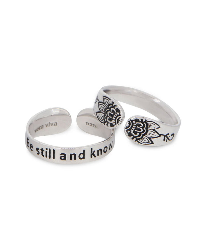 Be Still and Know Adjustable Inspirational Sterling Silver Lotus Ring - Rings