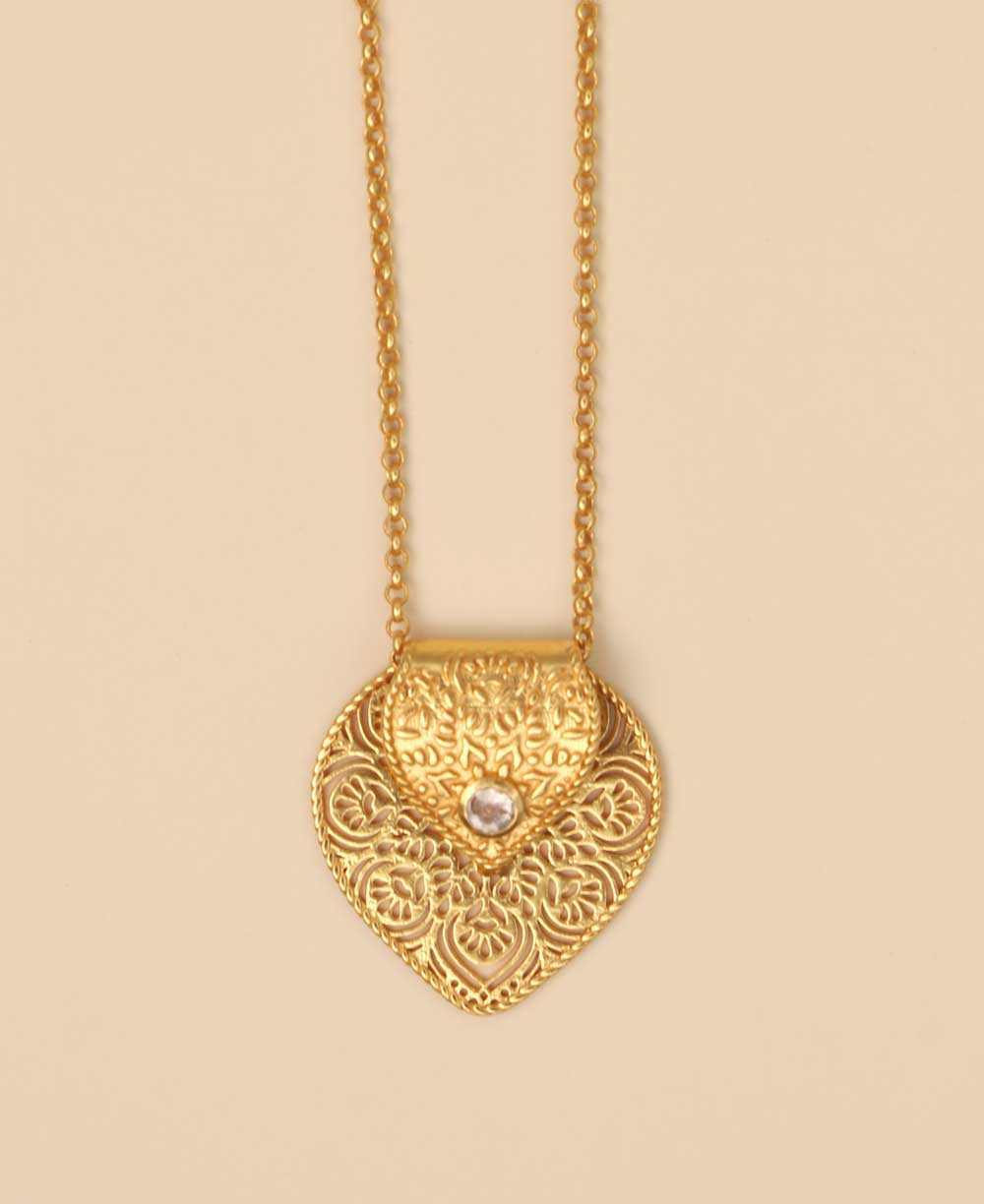 Birthstone Gemstone Gold Plated Brass Lotus Petal Mandala Necklace - Necklaces April (White Topaz)