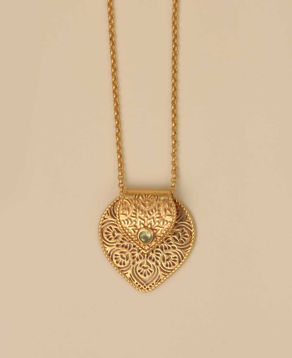 Birthstone Gemstone Gold Plated Brass Lotus Petal Mandala Necklace - Necklaces Aug (Peridot)