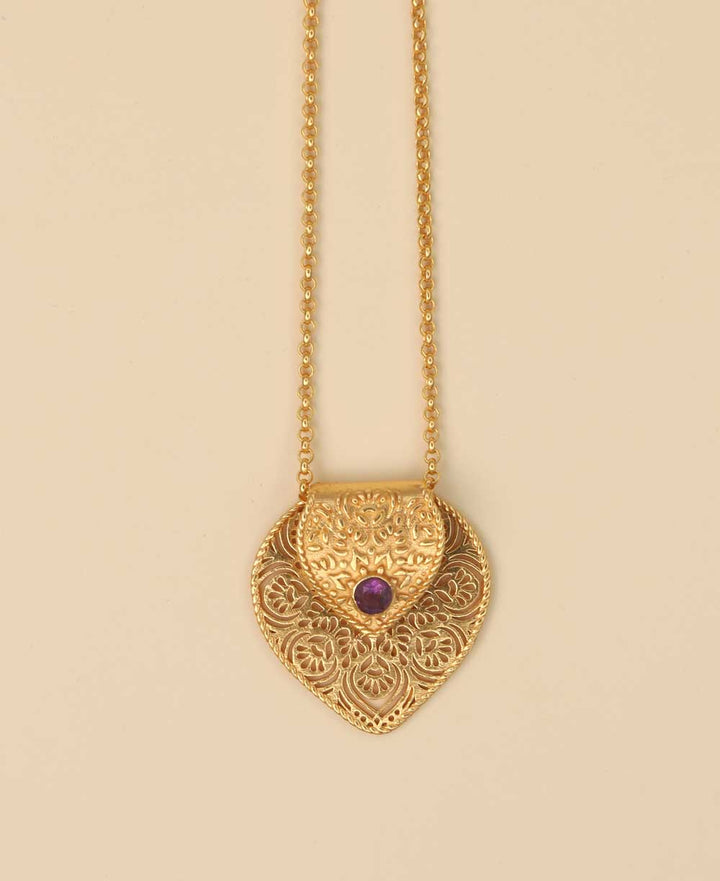 Birthstone Gemstone Gold Plated Brass Lotus Petal Mandala Necklace - Necklaces Feb (Amethyst)