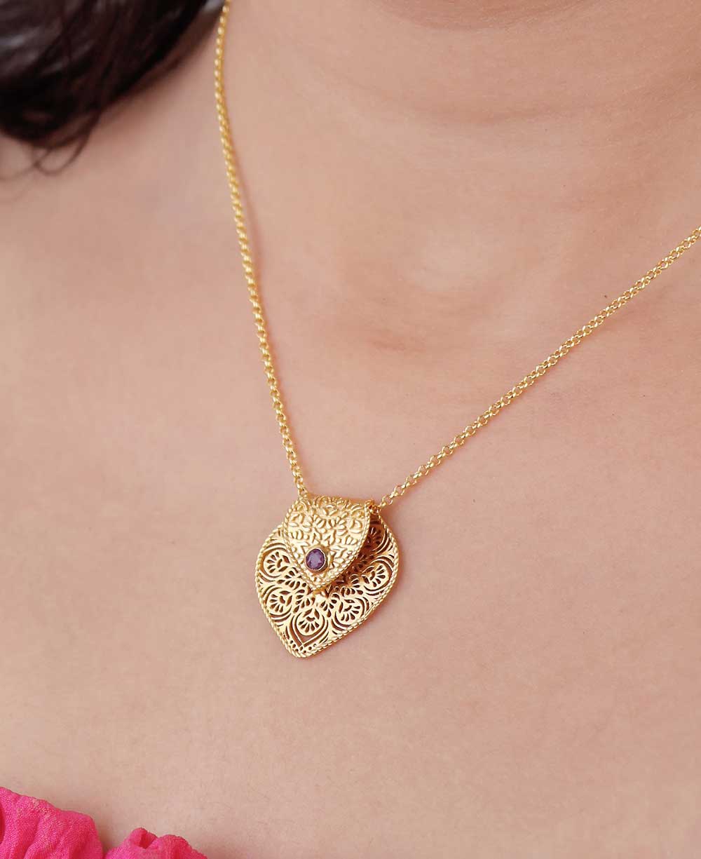 Birthstone Gemstone Gold Plated Brass Lotus Petal Mandala Necklace - Necklaces Jan (Garnet)