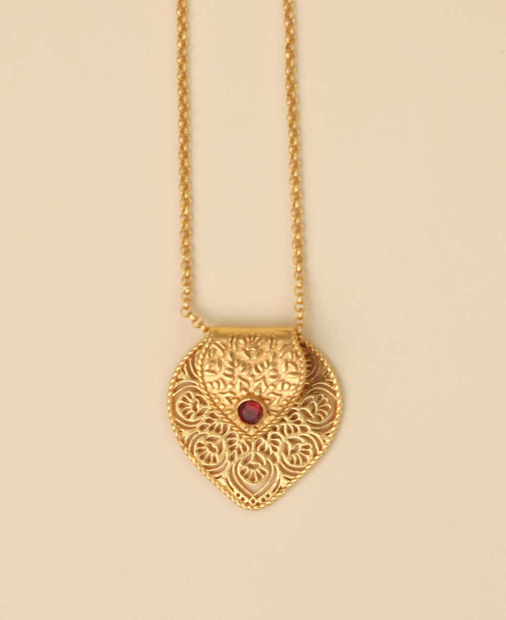 Birthstone Gemstone Gold Plated Brass Lotus Petal Mandala Necklace - Necklaces July (Ruby)