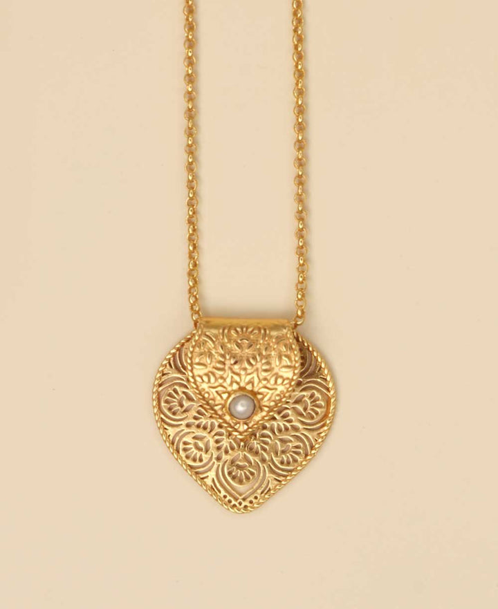 Birthstone Gemstone Gold Plated Brass Lotus Petal Mandala Necklace - Necklaces June (Pearl)