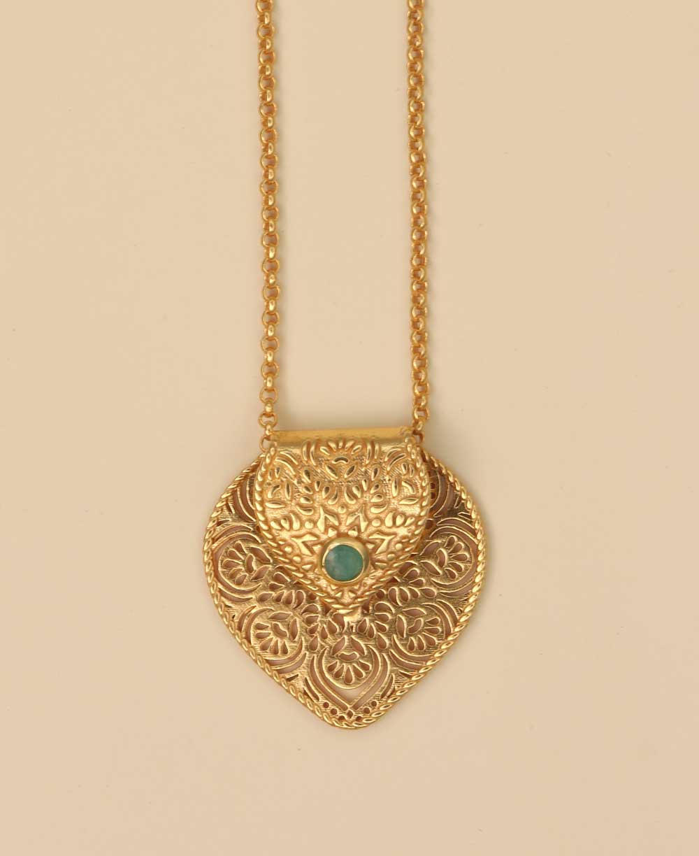 Birthstone Gemstone Gold Plated Brass Lotus Petal Mandala Necklace - Necklaces May (Emerald)