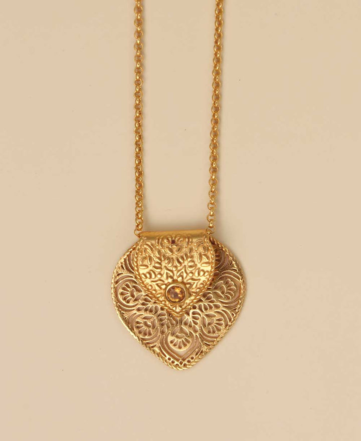 Birthstone Gemstone Gold Plated Brass Lotus Petal Mandala Necklace - Necklaces Nov (Citrine)