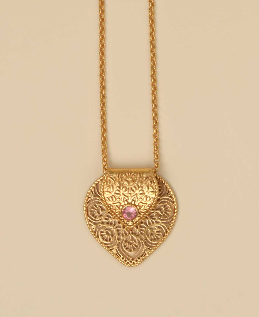 Birthstone Gemstone Gold Plated Brass Lotus Petal Mandala Necklace - Necklaces Oct (Tourmaline)