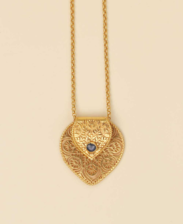 Birthstone Gemstone Gold Plated Brass Lotus Petal Mandala Necklace - Necklaces Sept (Sapphire)