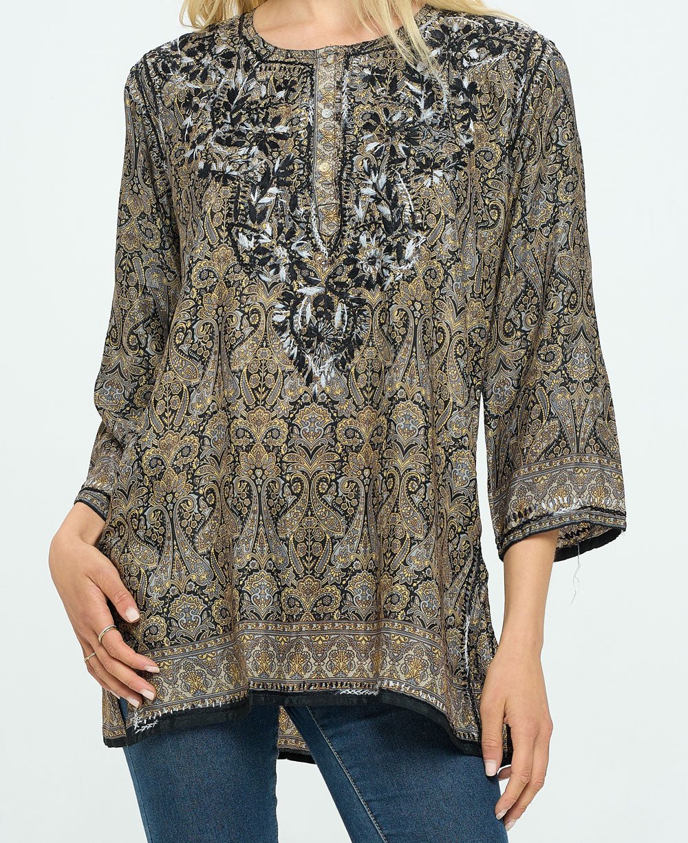 Black and Beige Tunic With Hand Embroidery - Shirts & Tops S