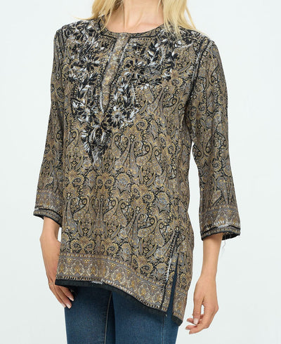 Black and Beige Tunic With Hand Embroidery - Shirts & Tops S