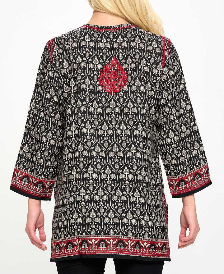 Black and White Tunic With Red Hand Embroidery - Shirts & Tops S