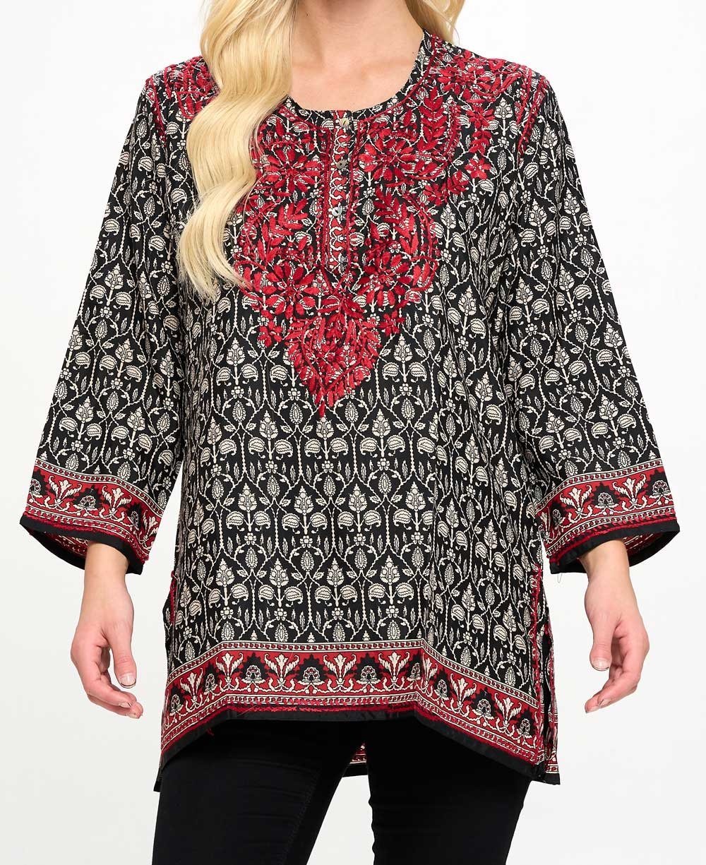 Black and White Tunic With Red Hand Embroidery - Shirts & Tops S