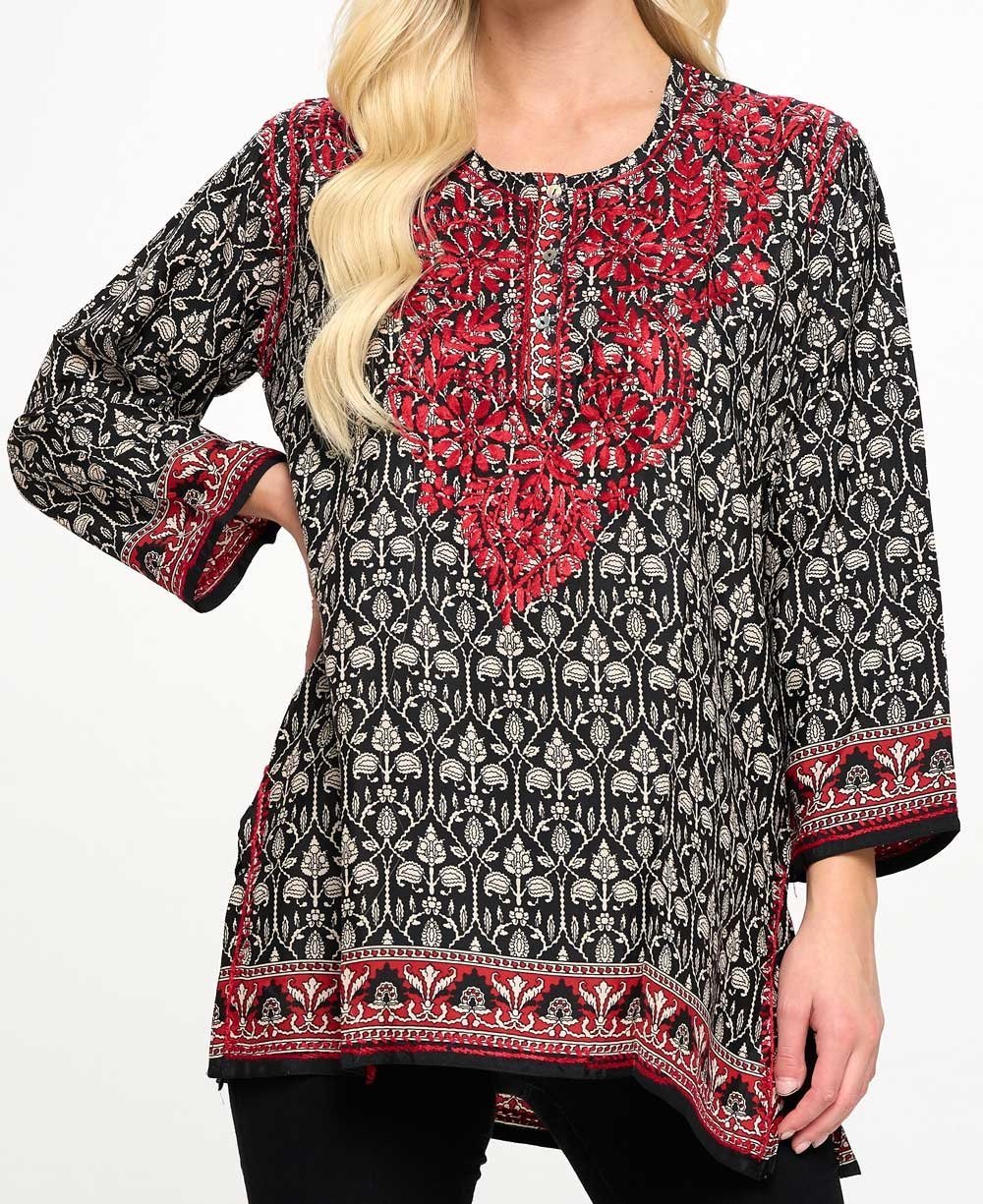 Black and White Tunic With Red Hand Embroidery - Shirts & Tops S