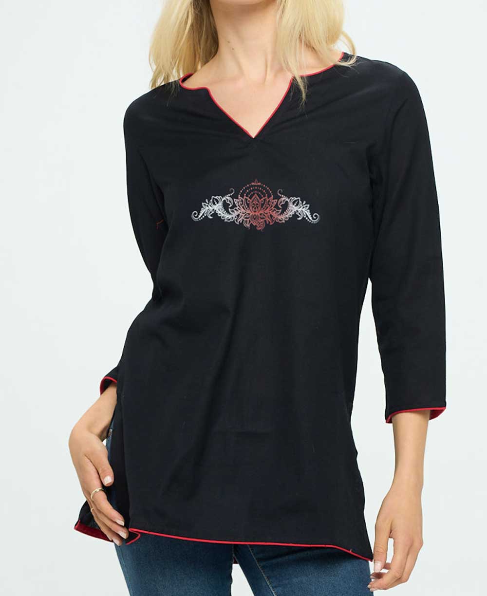 Black Cotton Tunic Top with Meaningful Lotus Design - Shirts & Tops S