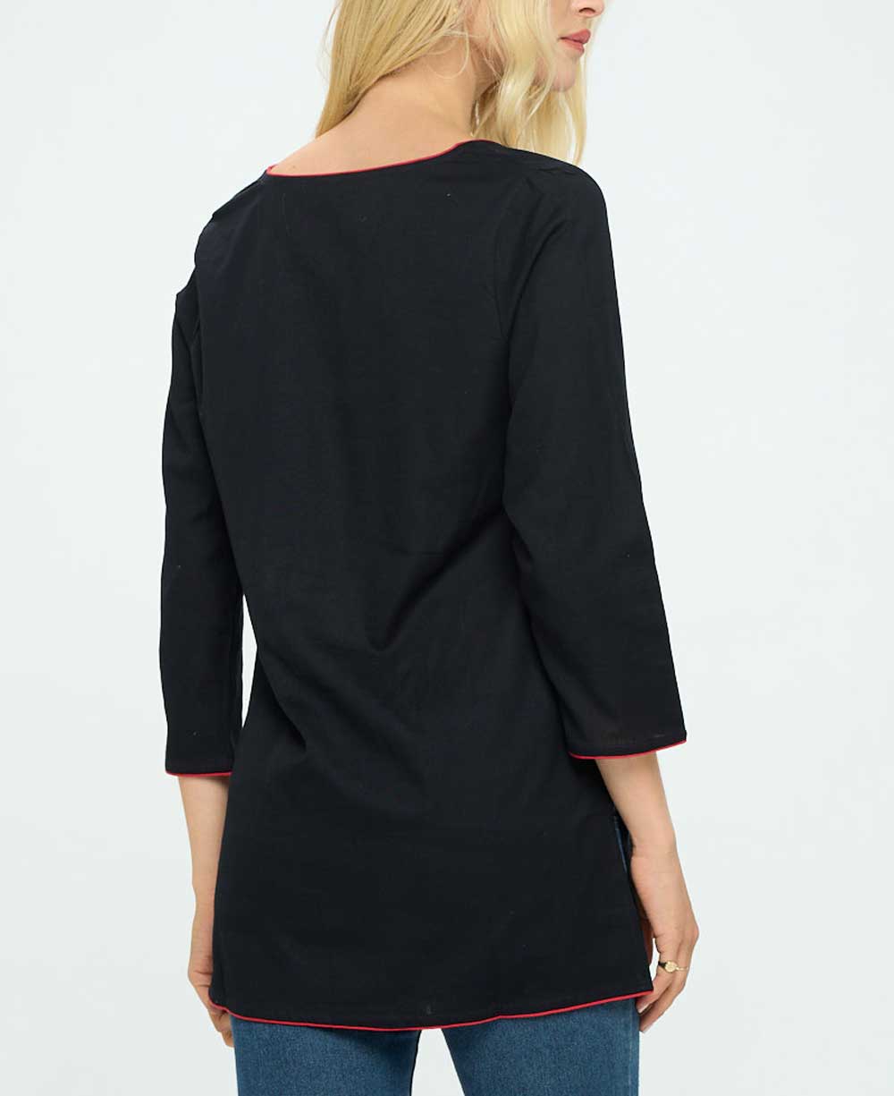 Black Cotton Tunic Top with Meaningful Lotus Design - Shirts & Tops S